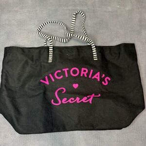 Victoria's Secret Black Tote with Hot Pink Logo and Striped Handles